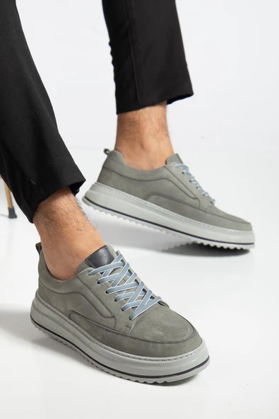 Hakiki Deri Erkek Günlük Ayakkabı Gri Nubuk Poli Taban Bağlı - Resim 2