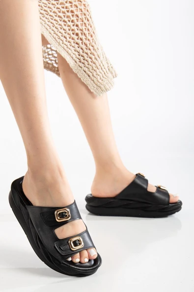 Kadın Dolgu Taban Terlik Siyah 2 Bantlı Suni Deri - Resim 2