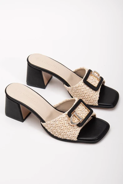 Büyük Beden Kadın Topuklu Terlik Siyah Hasır Desen Taş Tokalı ürün görseli