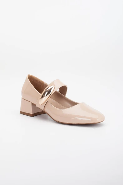 Büyük Numara Kadın Topuklu Ayakkabı Ten Rugan Baretli Metal Tokalı - Resim 4