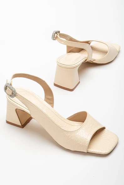 Kadın Topuklu Sandalet Ayakkabı Bej Rugan Kroko Baskılı Tan Taşlı Tokalı