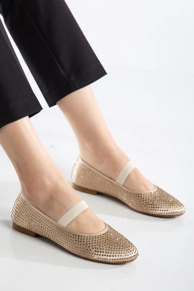 Kadın Babet Gold Saten Taşlı Elastik Bantlı Yuvarlak Burun - Resim 2