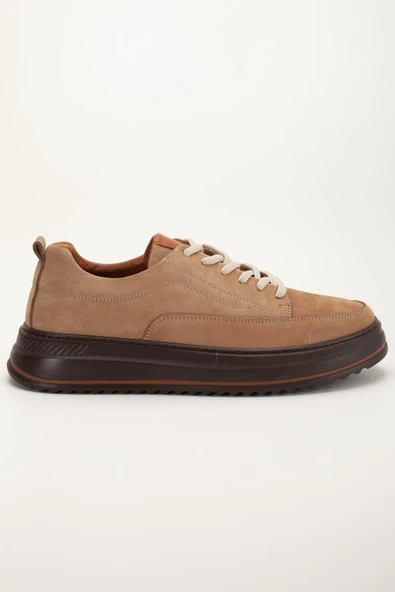 Hakiki Deri Erkek Günlük Ayakkabı Vizon Nubuk Poli Taban Bağlı - Resim 3