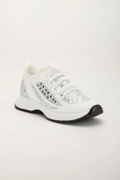 Kadın Spor Ayakkabı Beyaz Triko Taş Döşemeli Kalın Taban - Resim 4