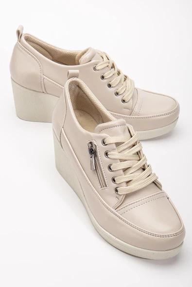 Kadın Dolgu Topuklu Ayakkabı Bej Rugan Fermuarlı Bağcıklı ürün görseli