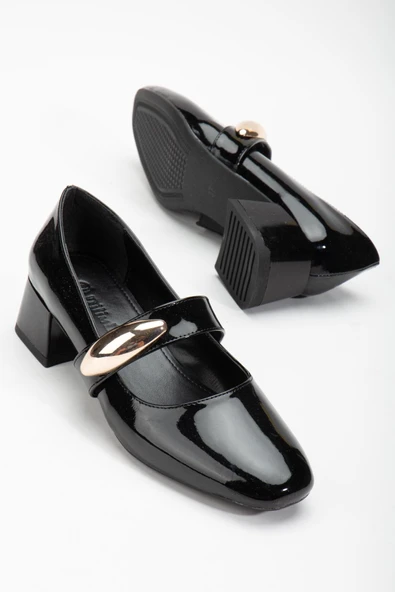 Büyük Numara Kadın Topuklu Ayakkabı Siyah Rugan Baretli Metal Tokalı - Resim 2