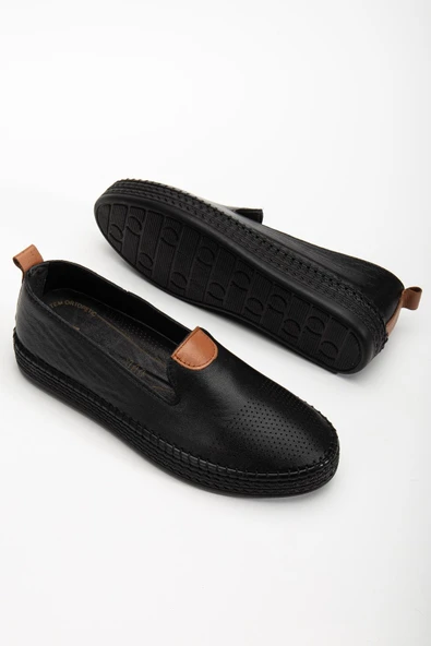 Hakiki Deri Kadın Günlük Ayakkabı Siyah Yüzlü Burun Baskılı Düz Taban - Resim 2