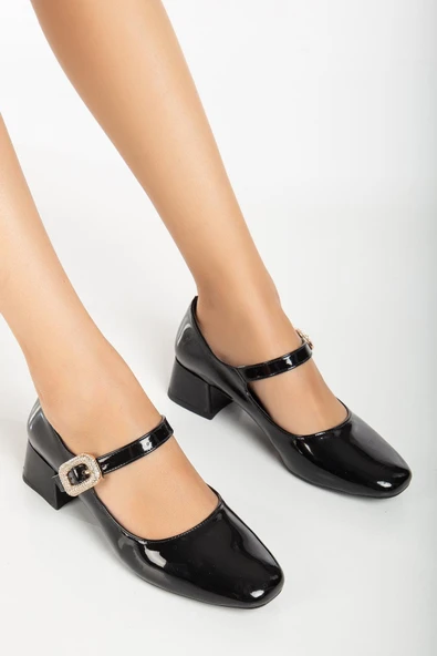 Büyük Numara Kadın Topuklu Ayakkabı Siyah Rugan Baretli Taşlı Burs ürün görseli