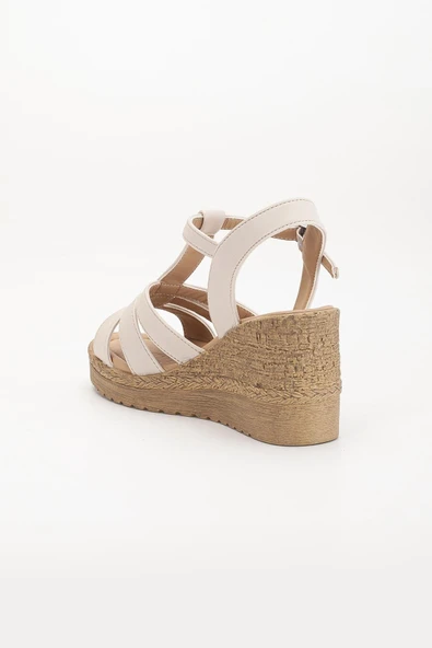 Kadın Dolgu Topuk Sandalet Ayakkabı Bej 3 Bantlı Baretli - Resim 5