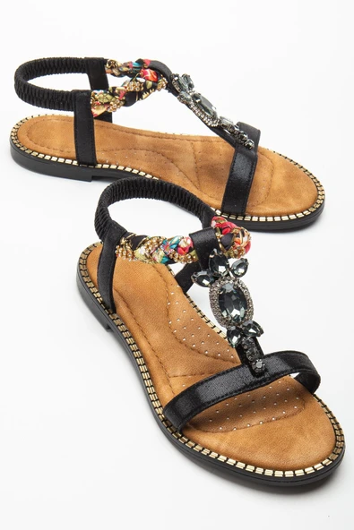 Kadın Düz Topuklu Sandalet Siyah Taşlı Tokalı Tekbant Örgü Baretli ürün görseli