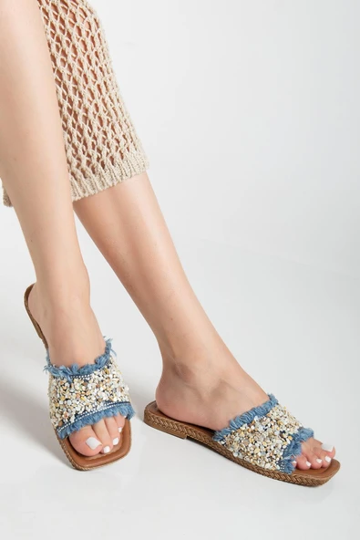 Kadın Düz Topuklu Terlik Mavi Taşlı Püsküllü Kalın Tekbant - Resim 2