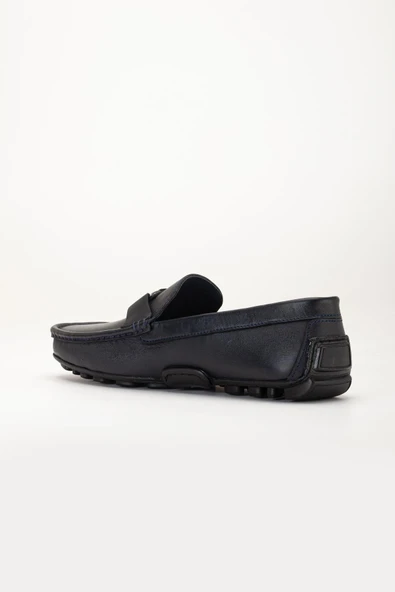 Hakiki Deri Erkek Günlük Loafer Ayakkabı Lacivert Metal Tokalı - Resim 5