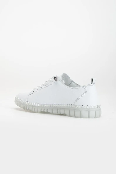 Hakiki Deri Ortopedik Kadın Ayakkabısı Günlük Beyaz Şeffaf Tabanlı Elastik Bağcıklı - Resim 5