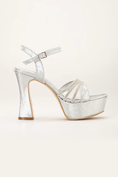 Çapraz Taşlı 40mm Gümüş Gri Kadın Platform Topuklu Abiye Ayakkabı - Resim 3