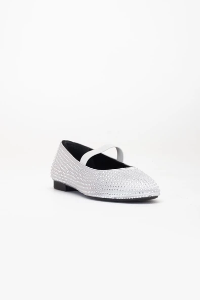 Kadın Babet Gümüş Saten Taşlı Elastik Bantlı Yuvarlak Burun - Resim 4