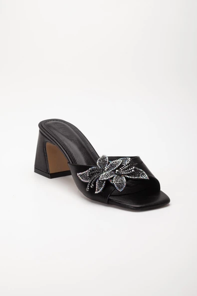 Kadın Topuklu Terlik Siyah Cİlt Taşlı Yaprak Aksesuarlı - Resim 4