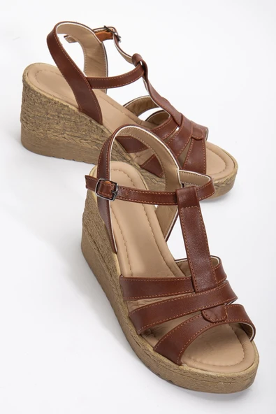 Kadın Dolgu Topuk Sandalet Ayakkabı Taba 3 Bantlı Baretli ürün görseli