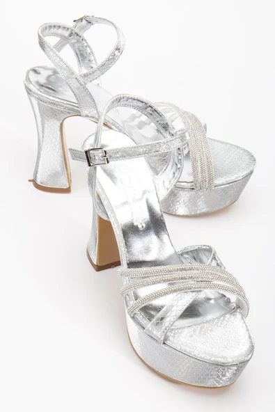 Çapraz Taşlı 40mm Gümüş Gri Kadın Platform Topuklu Abiye Ayakkabı ürün görseli