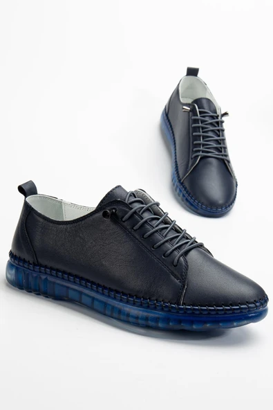 Hakiki Deri Ortopedik Kadın Ayakkabısı Günlük Lacivert Şeffaf Tabanlı Elastik Bağcıklı ürün görseli