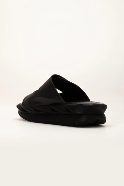 Kadın Dolgu Taban Terlik Siyah 2 Bantlı Suni Deri - Resim 5