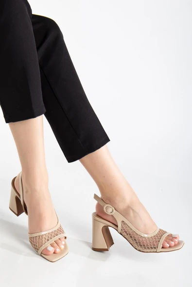 Kadın Topuklu Sandalet Ten Yan Fileli Rugan - Resim 2