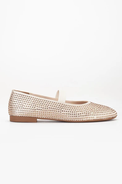 Kadın Babet Gold Saten Taşlı Elastik Bantlı Yuvarlak Burun - Resim 3