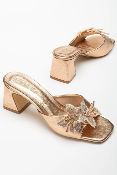 Kadın Topuklu Terlik Rose Cİlt Taşlı Yaprak Aksesuarlı ürün görseli