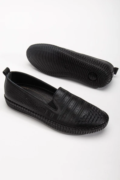 Hakiki Deri Ortopedik Kadın Günlük Ayakkabı Siyah Bağsız Lazer Baskılı ürün görseli