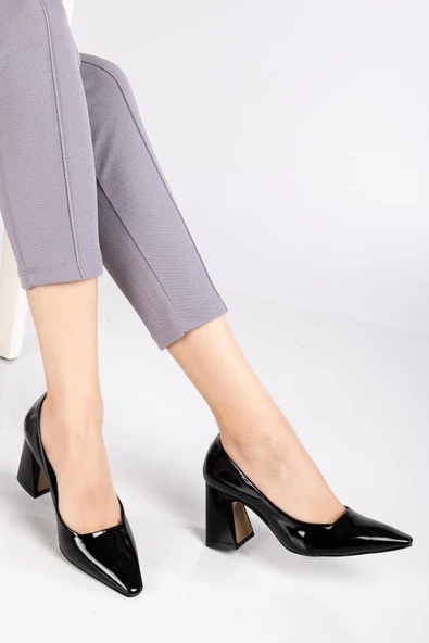 Kadın Kalın Topuklu Stiletto Siyah Rugan Düz Model Sivri - Resim 2