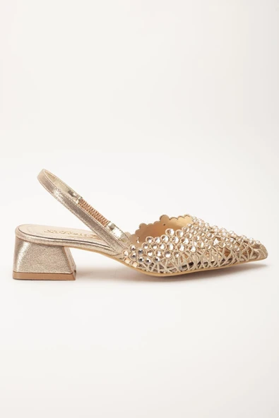 Kadın Kısa Topuklu Abiye Ayakkabı Gold Örme Taşlı Sivri Kalıp - Resim 3