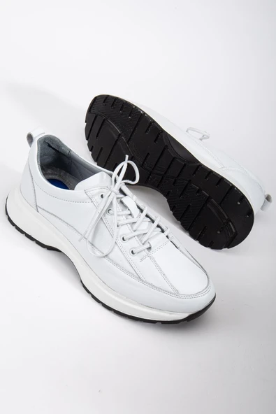 Hakiki Deri Erkek Günlük Ayakkabı Beyaz Elastik Bağcıklı Kalın Taban ürün görseli