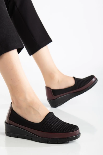 Hakiki Deri Büyük Beden Kadın Ortopedik Günlük Ayakkabı Bordo Streç Nakış Detaylı - Resim 2