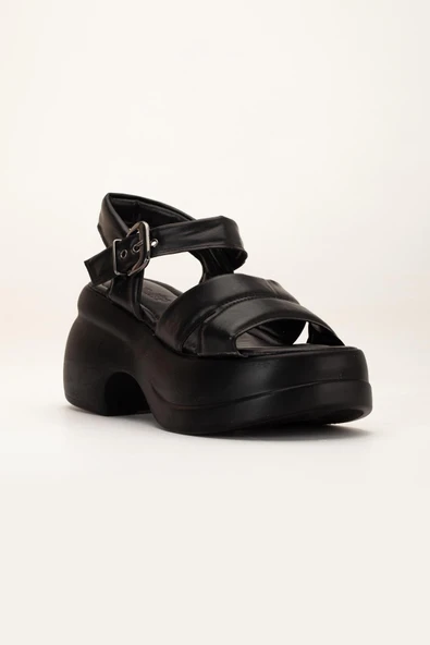 Kadın Dolgu Topuk Sandalet Siyah 2 Kalın Bantlı cilt - Resim 4