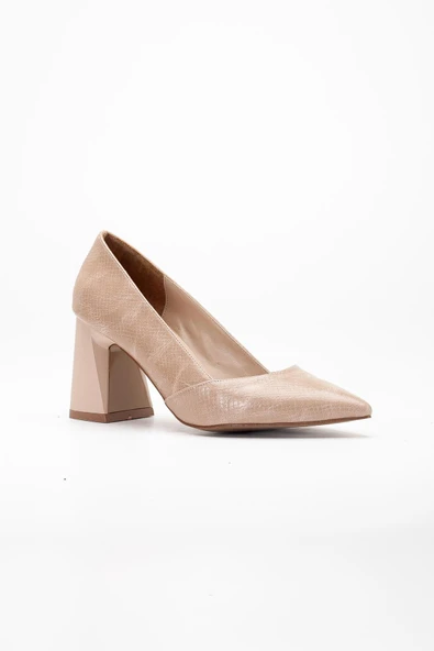 Kadın Stiletto Nude Kalın Topuklu Yılan Baskılı Simetrik Kesim - 4