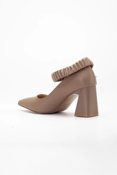 Bilek Elastik Bantlı Suni Deri Vizon Kadın Kalın Topuklu Ayakkabı Stiletto - 5