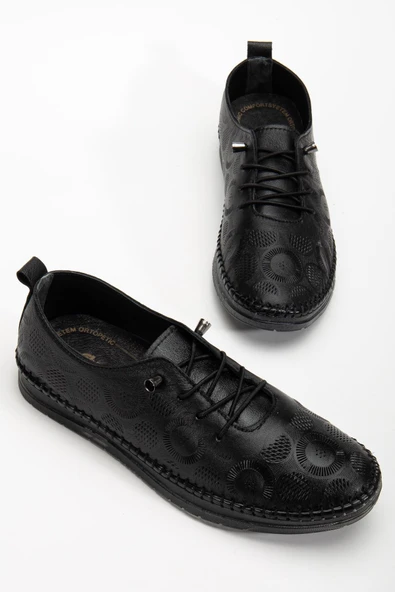 Hakiki Deri Kadın Günlük Ayakkabı Siyah Lazer Baskılı Elastik Bağcıklı Jel Taban - Resim 2