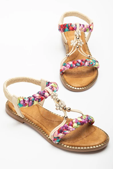 Kadın DÜz Topuklu Sandalet Bej Örgü Bantlı Çiçek Tokalı ürün görseli