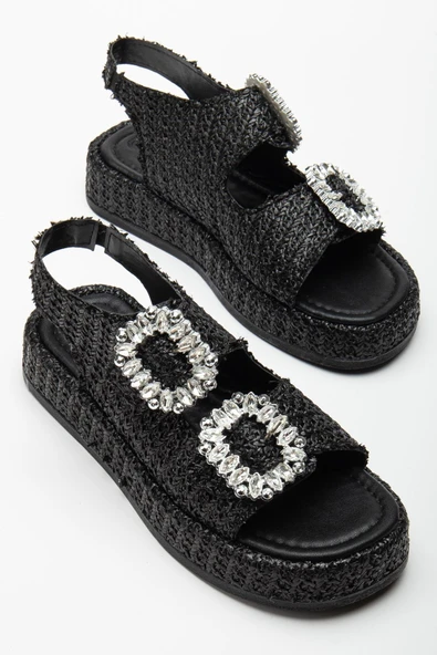 Kadın Dolgu Topuk Sandalet Siyah Çift Bantlı Hasır Malzeme Taşlı Tokalı ürün görseli