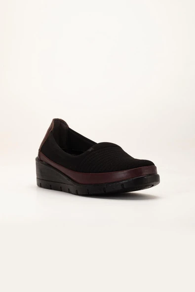 Hakiki Deri Büyük Beden Kadın Ortopedik Günlük Ayakkabı Bordo Streç Nakış Detaylı - Resim 4