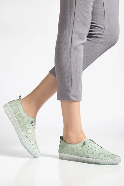 Hakiki Deri Kadın Günlük Ayakkabı Yeşil Lazer Baskılı Elastik Bağcıklı Jel Taban ürün görseli