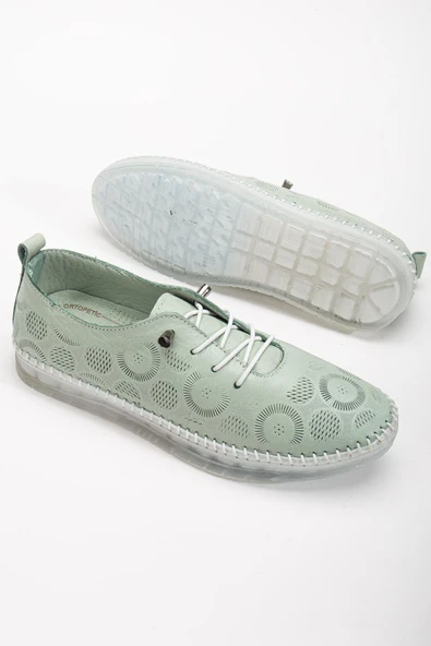 Hakiki Deri Kadın Günlük Ayakkabı Yeşil Lazer Baskılı Elastik Bağcıklı Jel Taban - Resim 2