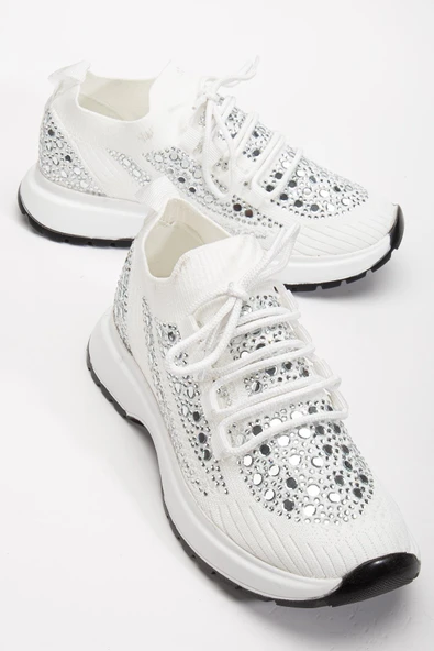 Kadın Spor Ayakkabı Beyaz Triko Taş Döşemeli Kalın Taban ürün görseli
