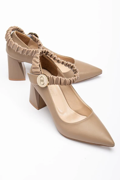 Bilek Elastik Bantlı Suni Deri Vizon Kadın Kalın Topuklu Ayakkabı Stiletto