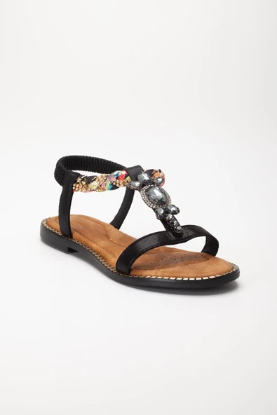 Kadın Düz Topuklu Sandalet Siyah Taşlı Tokalı Tekbant Örgü Baretli - Resim 4