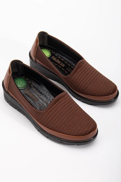 Hakiki Deri Büyük Beden Kadın Ortopedik Günlük Ayakkabı Taba Streç Nakış Detaylı ürün görseli