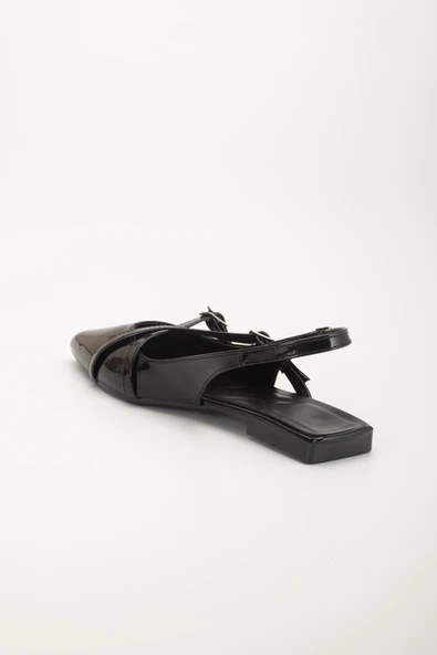 Badın Babet Siyah Rugan Çapraz Bantlı Arka Açık Sivri - Resim 5