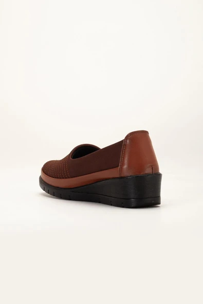 Hakiki Deri Büyük Beden Kadın Ortopedik Günlük Ayakkabı Taba Streç Nakış Detaylı - Resim 5