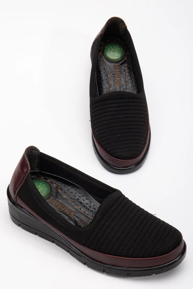 Hakiki Deri Büyük Beden Kadın Ortopedik Günlük Ayakkabı Bordo Streç Nakış Detaylı ürün görseli