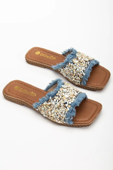 Kadın Düz Topuklu Terlik Mavi Taşlı Püsküllü Kalın Tekbant ürün görseli