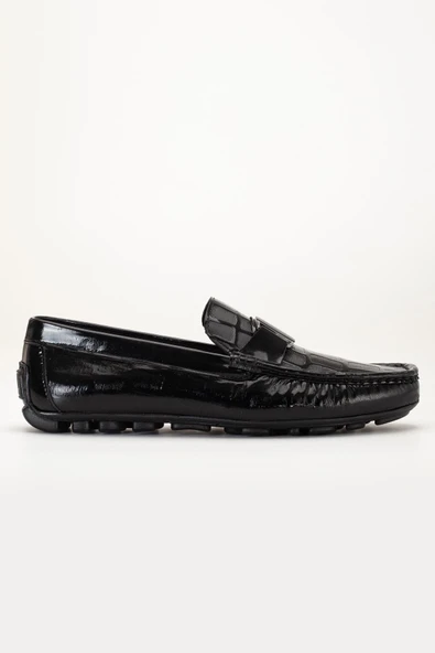 Hakiki Deri Erkek Günlük Loafer Ayakkabı Siyah Rugan Metal Tokalı - Resim 2